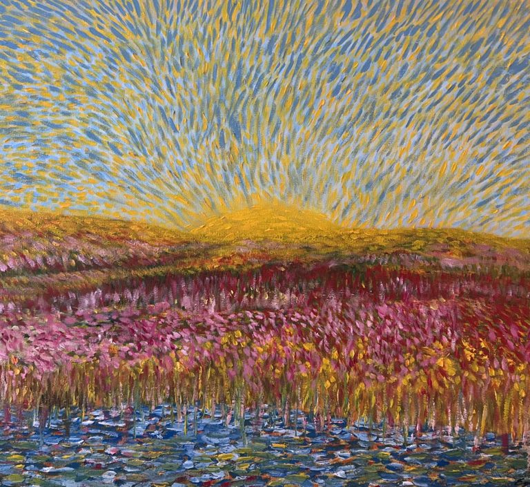 Spring. Opkomende zon in een kleurrijk landschap van bloemen en struiken. Op de voorgrond een watertje.