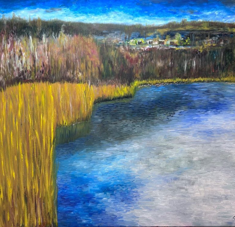 Encigroeve. Olieverfschilderij van Enci-groeve bij Maastricht. Helder blauw meertje midden in de mergelgroeve. Geschilderd door Egbert Kochen in 2025.