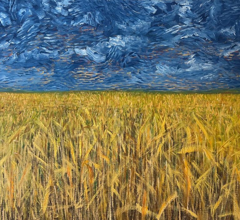 Korenaren weide. Goud/geel korenveld onder een heldere blauwe lucht met wolken. Geschilderd door Egbert Kochen in 2025.