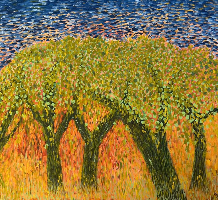 Bloeiende bomen. Olieverfschilderij van Egbert Kochen gemaakt in 2025. Het formaat van het werk is 80x100 cm.