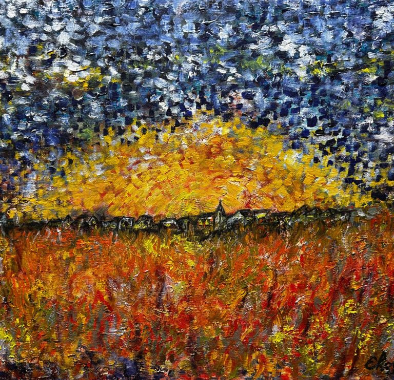 Zonsopkomst. Kleurrijk abstract landschap met een gouden zon boven een oranje veld en blauwe lucht. Geschilderd door Egbert Kochen in 2024.