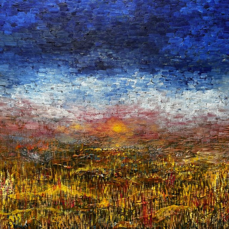 Zonsopkomst Olieverfschilderij over de zonsopkomst in het zuiden tijdens een warme dag. Formaat van het schilderij is 30x40 cm.